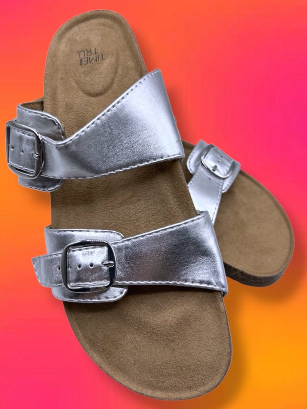 Time And Tru Silver Faux Vegan Leather Double Buckle Cork Midsole Birks Sandals